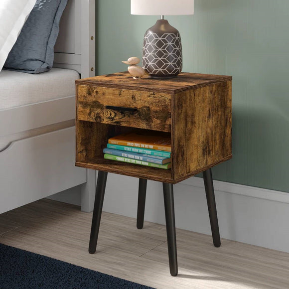 Mid-Century Modern Farmhouse 1-Drawer Nightstand with Open Shelf
