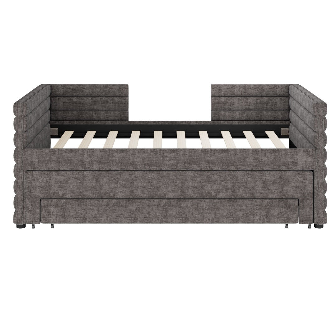 Twin Size Upholstered Daybed With Trundle And 3 Storage Drawers, Chenille Fabric Sofa Bed For Guest Room, Living Room, Space-Saving Modern Day Bed Frame, No Box Spring Needed