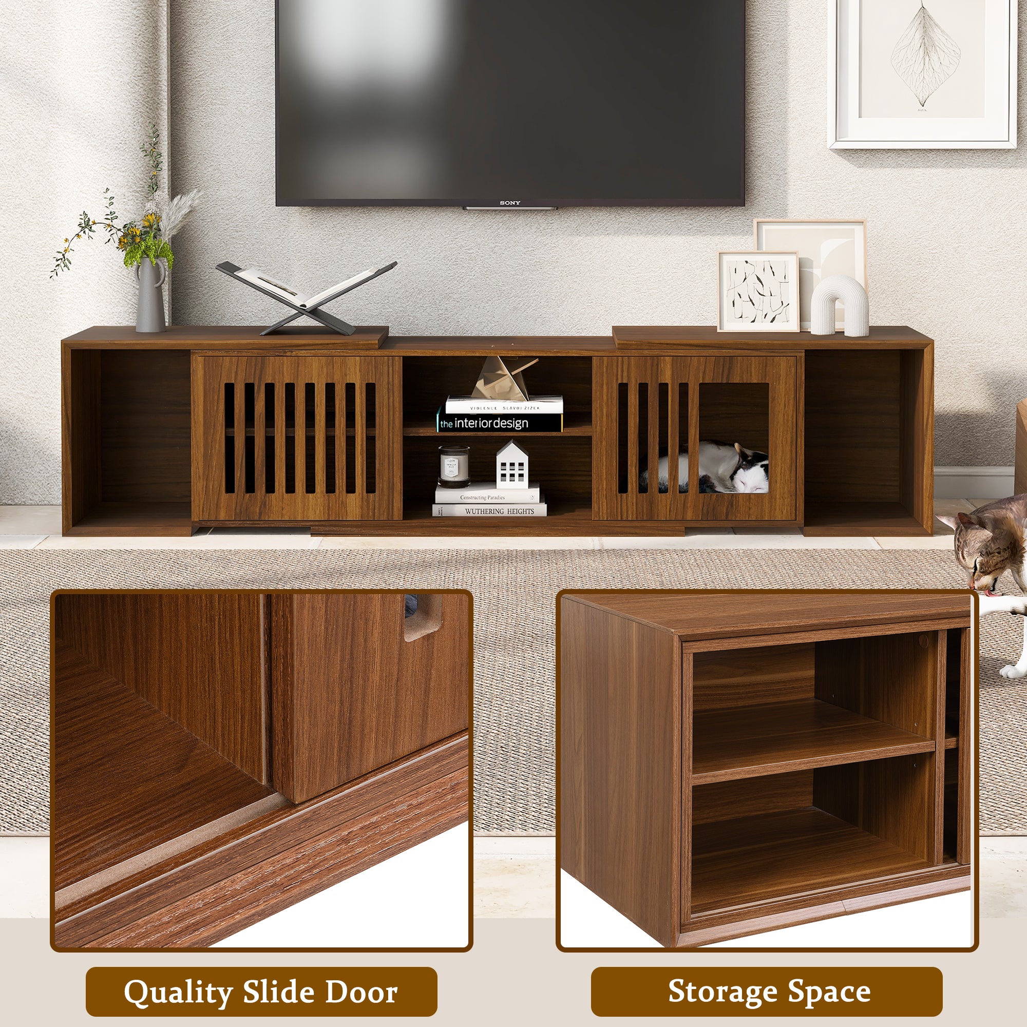 Mid-Century Modern 54.3 Extendable TV Stand Up To  With Cat House  Litter Box Enclosure  Walnut Wood Entertainment Center, Sliding Doors, Hidden Pet Furniture