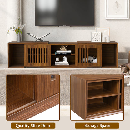 Mid-Century Modern 54.3 Extendable TV Stand Up To  With Cat House  Litter Box Enclosure  Walnut Wood Entertainment Center, Sliding Doors, Hidden Pet Furniture