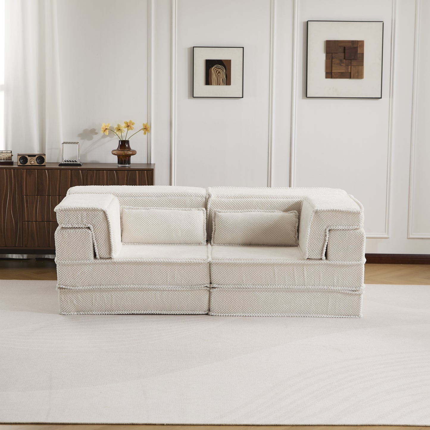 Compression Mahjong Sofa,Convertible Floor Sofa Bed,DIY Boneless Modular Sectional Sofa,No Assembly Required,Circle Fleece Fabric,Modern Oversized Loveseat,White