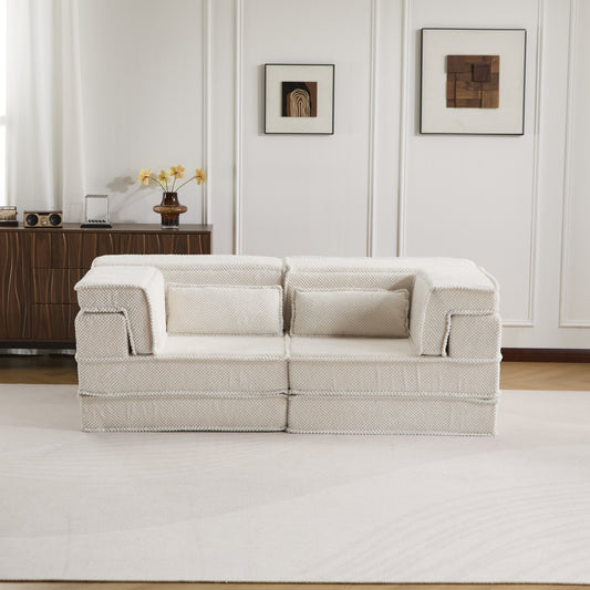 Compression Mahjong Sofa,Convertible Floor Sofa Bed,DIY Boneless Modular Sectional Sofa,No Assembly Required,Circle Fleece Fabric,Modern Oversized Loveseat,White