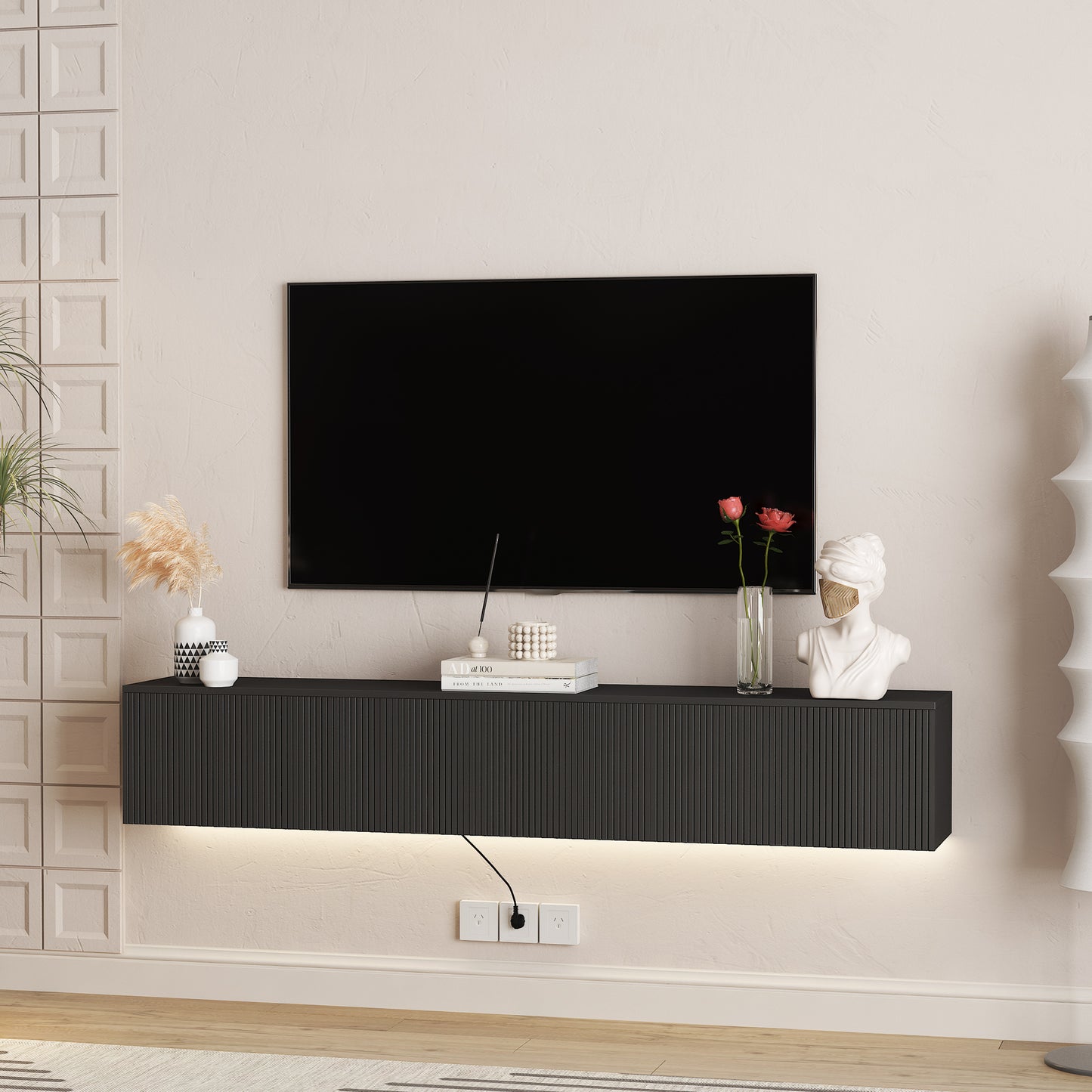 Floating TV Stand Wall Mounted With 16 Color LEDs,69 Modern TV Stand, Floating TV Cabinet Entertainment Center For 55 60 65 Inch TV,Black