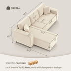 Corner Sofa with Reversible Chaise Lounge, Corduroy L-Shaped Sectional Sofa with Pocket Spring, Cream White