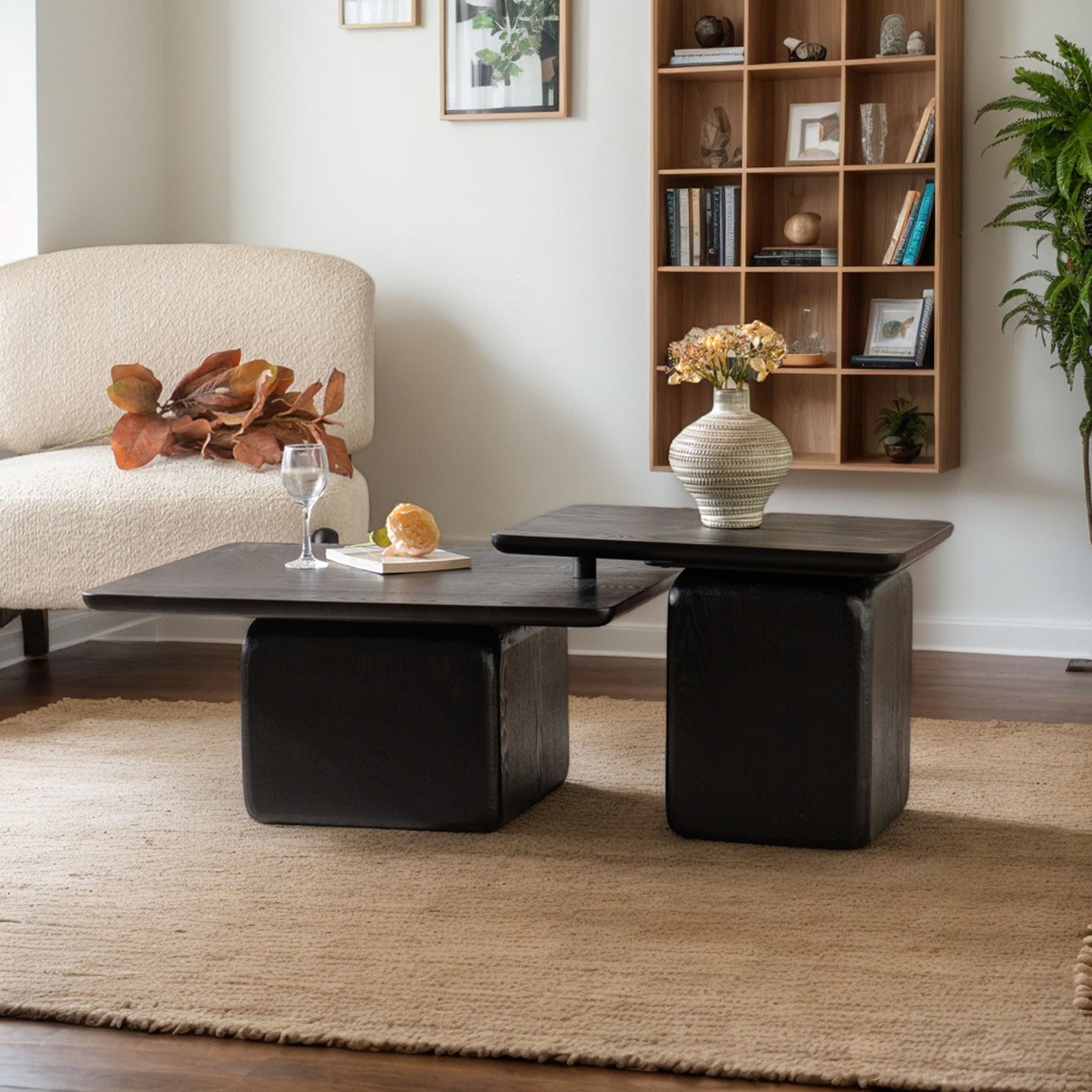 Vintage Fashion Style Square Coffee Table Set With Wood Grain Finish,for Living Room, Office And Dining Room, Black Set Of 2