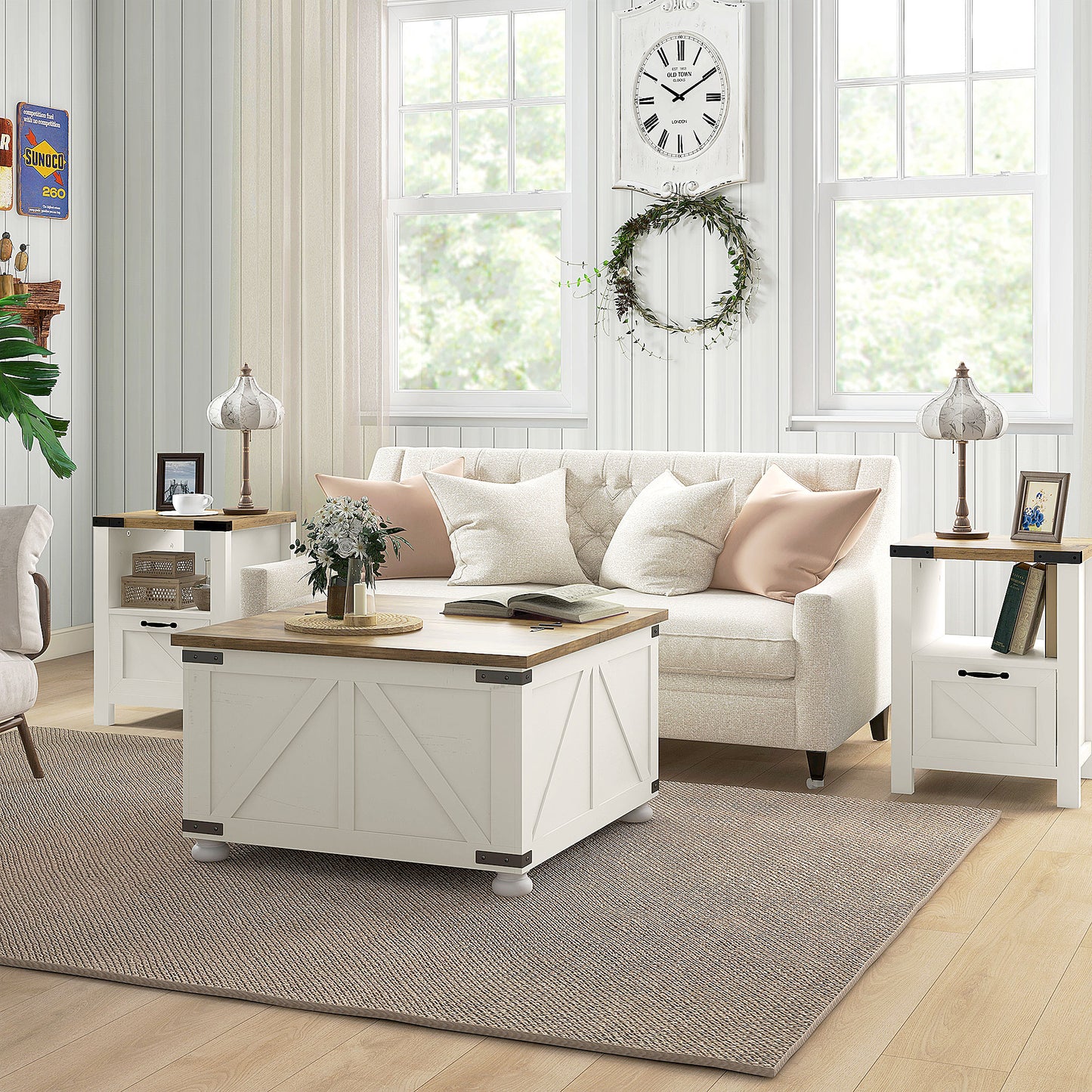 Farmhouse Coffee Table with Storage, Large Square Coffee Table for Living Room Furniture, Wooden Center Table