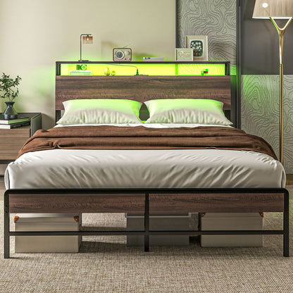Queen Size Bed Frame with LED Lights and Charging Station, Queen Bed Frame with Storage Headboard, Noise-Free, Walnut