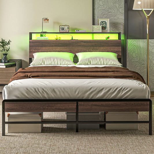 Queen Size Bed Frame with LED Lights and Charging Station, Queen Bed Frame with Storage Headboard, Noise-Free, Walnut