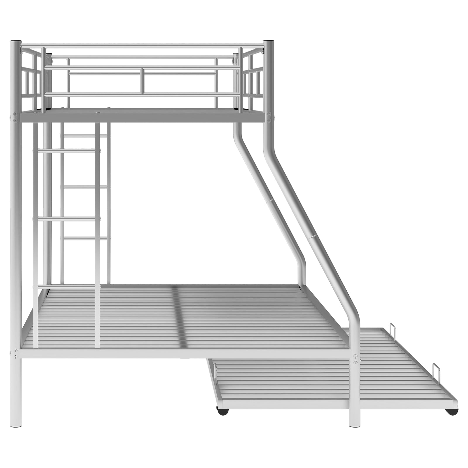 Twin Over Full Bunk Bed With Steel Frame, Trundle, Two-Side Ladders, Silver