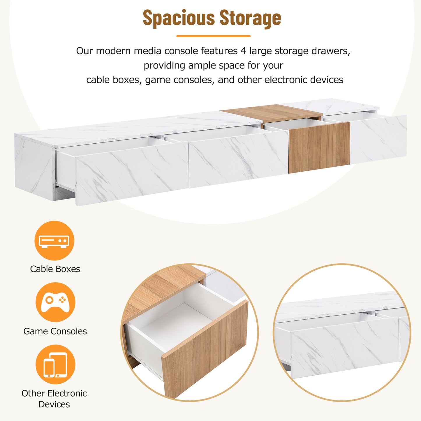 ON-TREND TV Stand With Faux Marble And Walnut Wood Grain Finish For TVs Up To 88'', Modern Free-Combination Entertainment Center With 4 Storage Drawers For Living Room, White