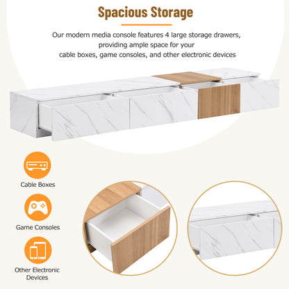 ON-TREND TV Stand With Faux Marble And Walnut Wood Grain Finish For TVs Up To 88'', Modern Free-Combination Entertainment Center With 4 Storage Drawers For Living Room, White