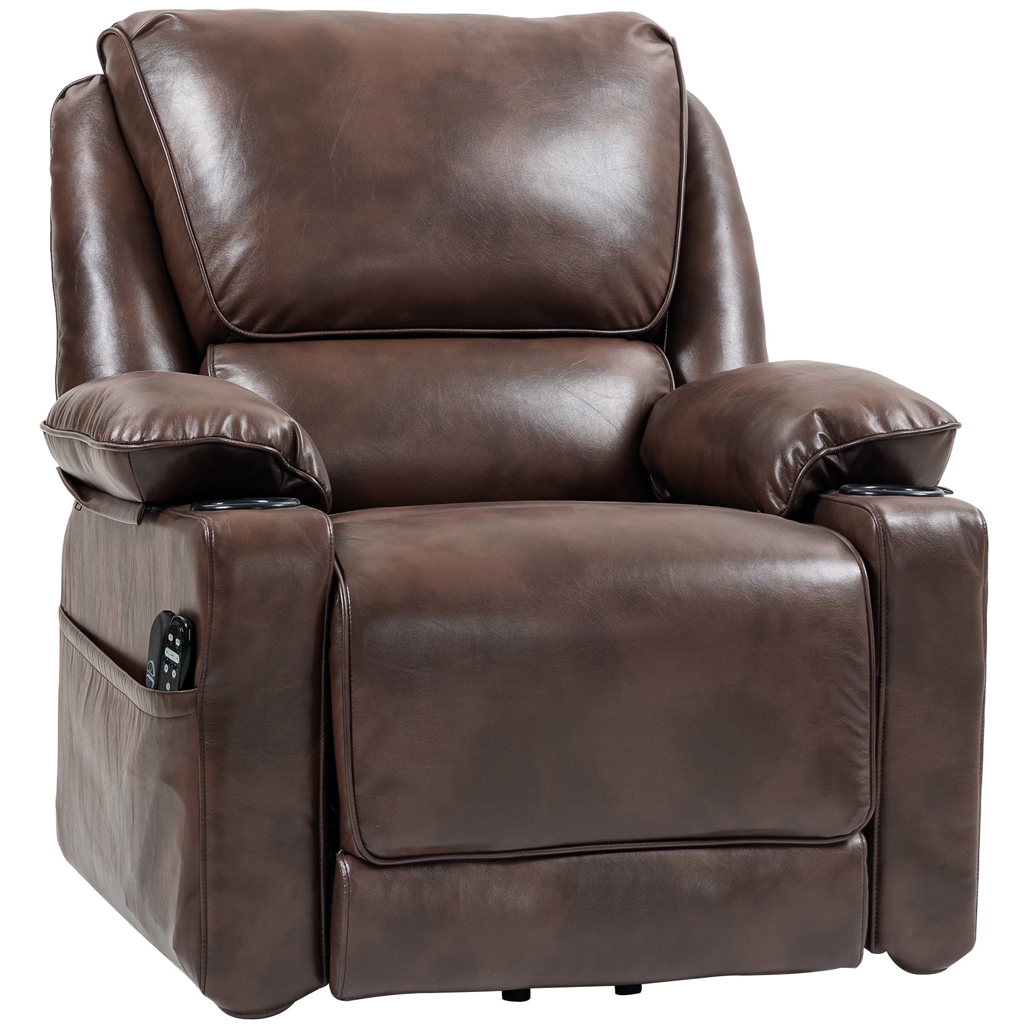 Power Lift Chair for Elderly, Faux Leather Recliner Sofa with Vibration Massage and Heat, Remote, Side Pockets, Brown