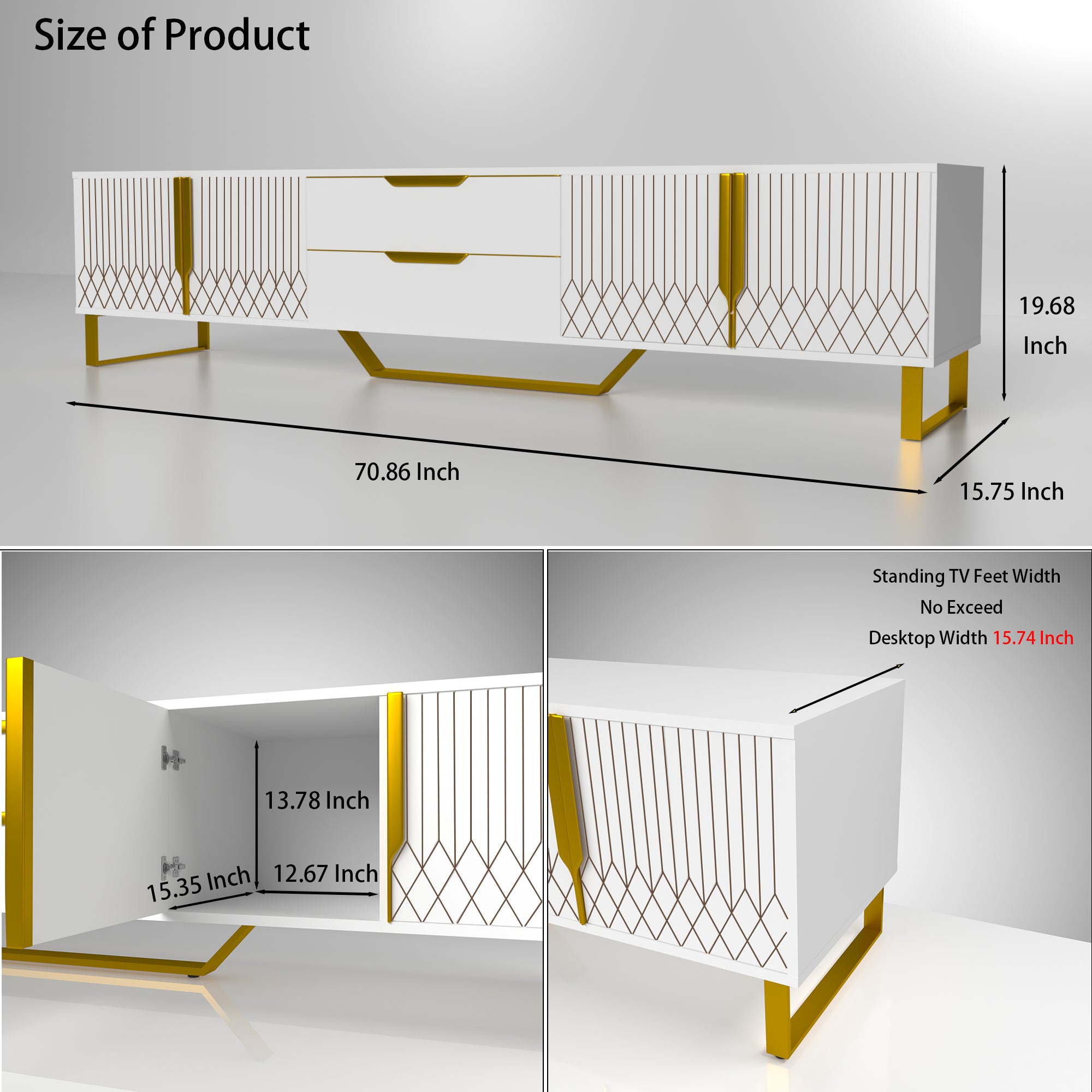 TV Console With Storage Cabinets, Carve Design TV Stand With Metal Legs, Large Storage Space Modern Entertainment Center Suit For Living Room, Bedroom, White