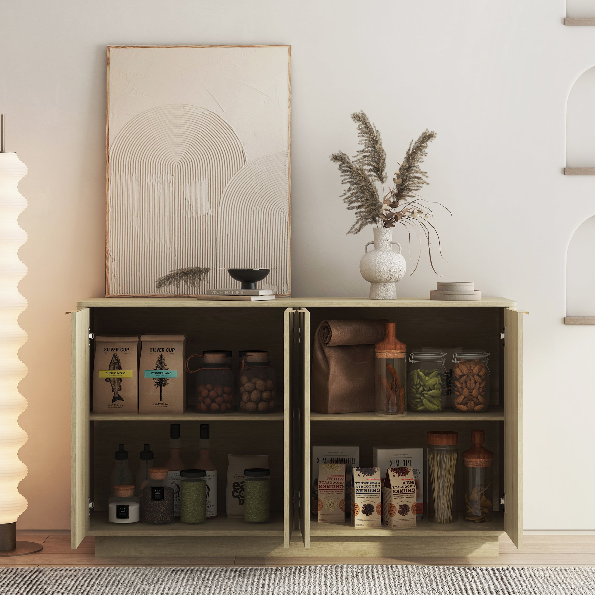 Wood Modern Buffet Cabinet With Storage, Fluted Sideboard Large Buffet With Adjustable Shelves, Credenza, Accent Cabinet Console Table