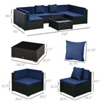 7-Piece Rattan Couch, Outdoor Patio Furniture Set, With Removable Cushions And Ottoman, Glass Coffee Table- Dark Coffee  Blue
