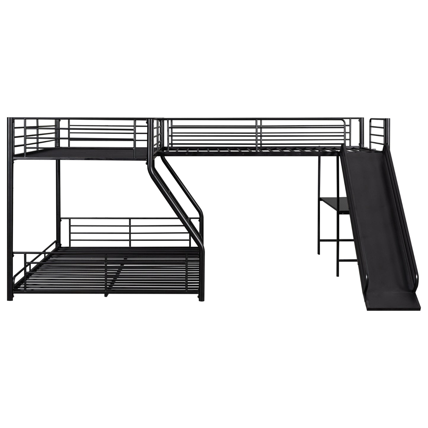 L-Shaped Twin Full Bunk Bed With Loft, Desk  Slide, Black