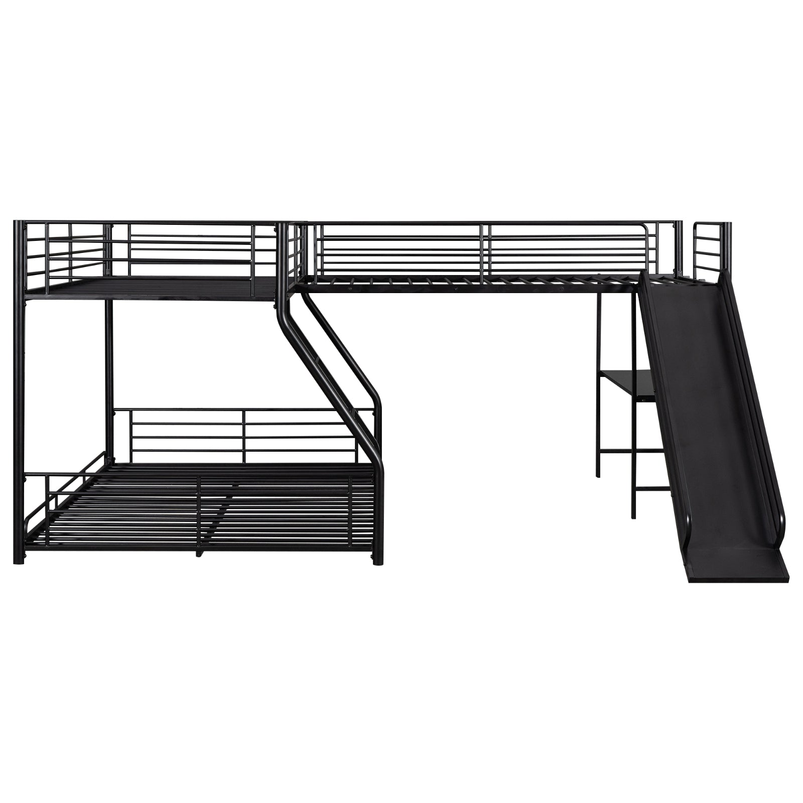 L-Shaped Twin Full Bunk Bed With Loft, Desk  Slide, Black