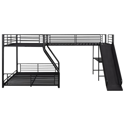 L-Shaped Twin Full Bunk Bed With Loft, Desk  Slide, Black