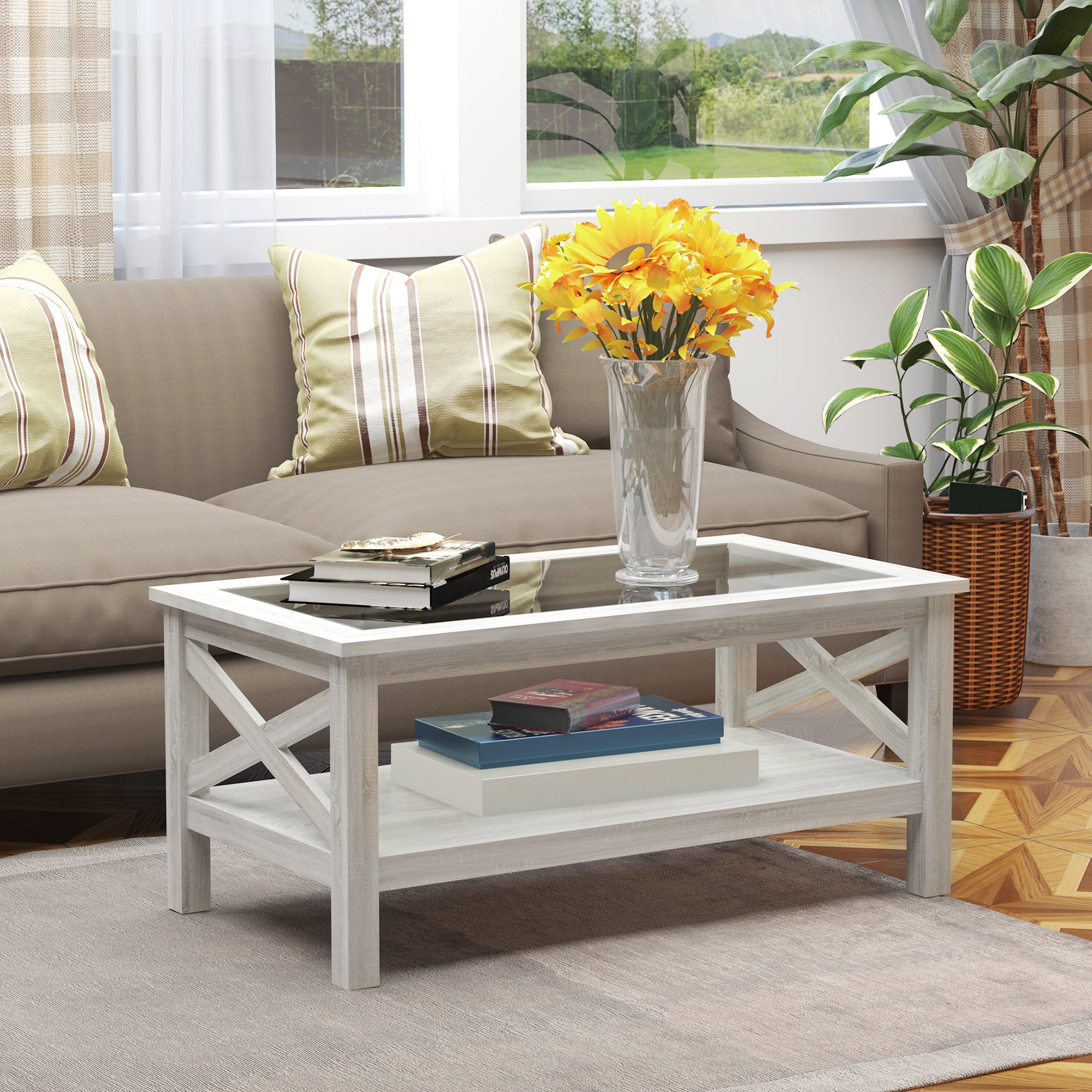 Coffee Table with Tempered Glass Tabletop, Living Room Table with Wood Frame and Underneath Storage Shelf, White Oak