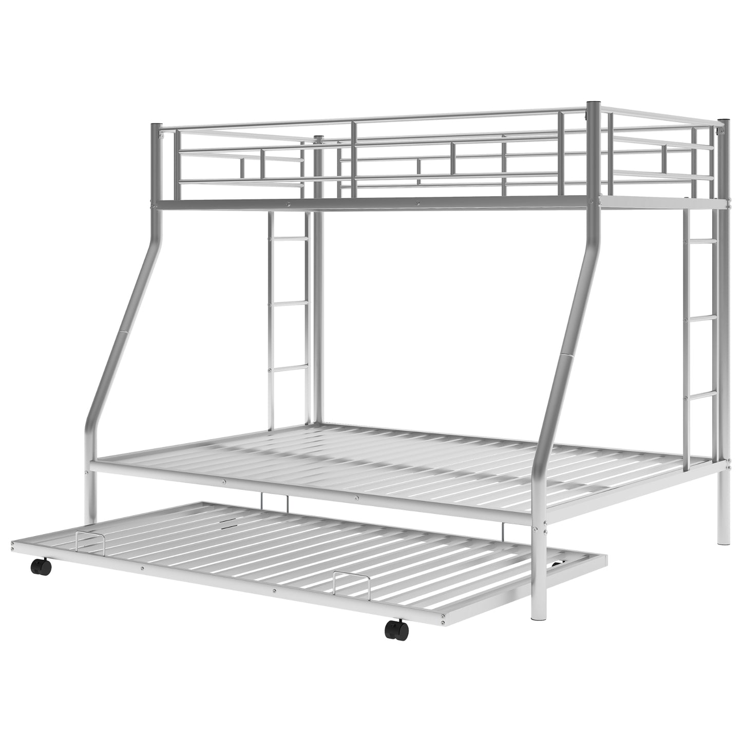 Twin Over Full Bunk Bed With Steel Frame, Trundle, Two-Side Ladders, Silver