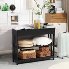 Console Hallway Table with Extra Wide Pull Out Drawer, 2 Open Shelves and Slatted Wood Frame Design, Black