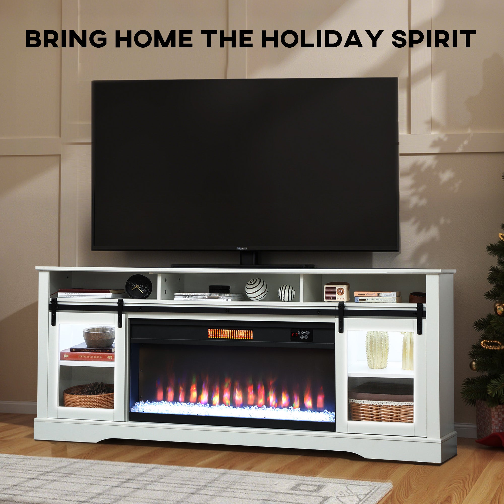 Fireplace TV Stand for TVs Up to 80 Inch, TV Console with Electric Fireplace, Open Storage and Side Cabinets, White