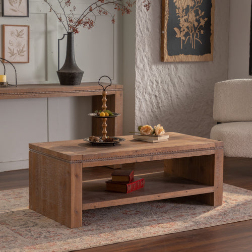 Rectangle Coffee Table With Solid Wood For Living Room, Large 2-Tier Rustic Coffee Table With Storage Shelf, Office And Apartment, Easy Assembly