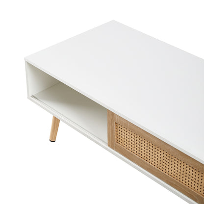Rattan Coffee Table With Sliding Door And Solid Wood Legs - Modern Living Room