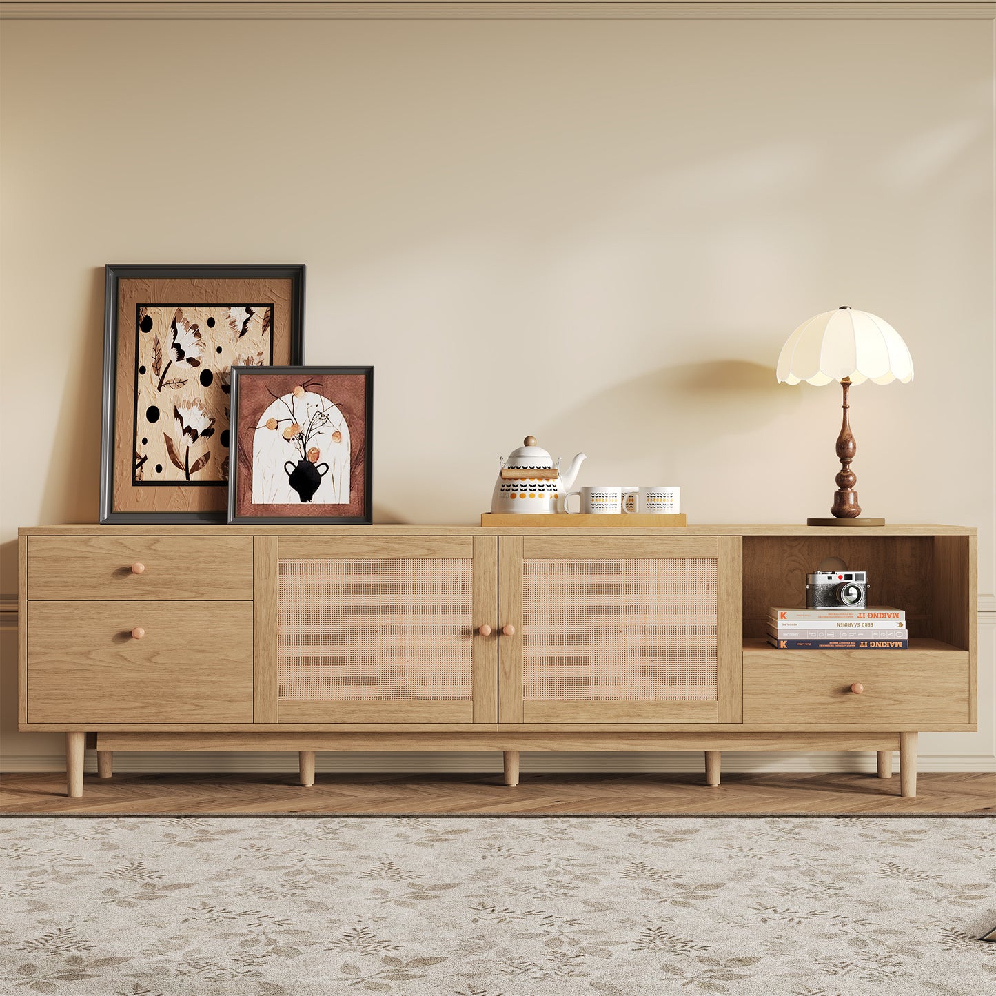 Boho TV Stand For 65, 75, 85 Inch TV, Entertainment Center With Open Storage And Drawers, Modern Wood Media TV Console With Real Rattan
