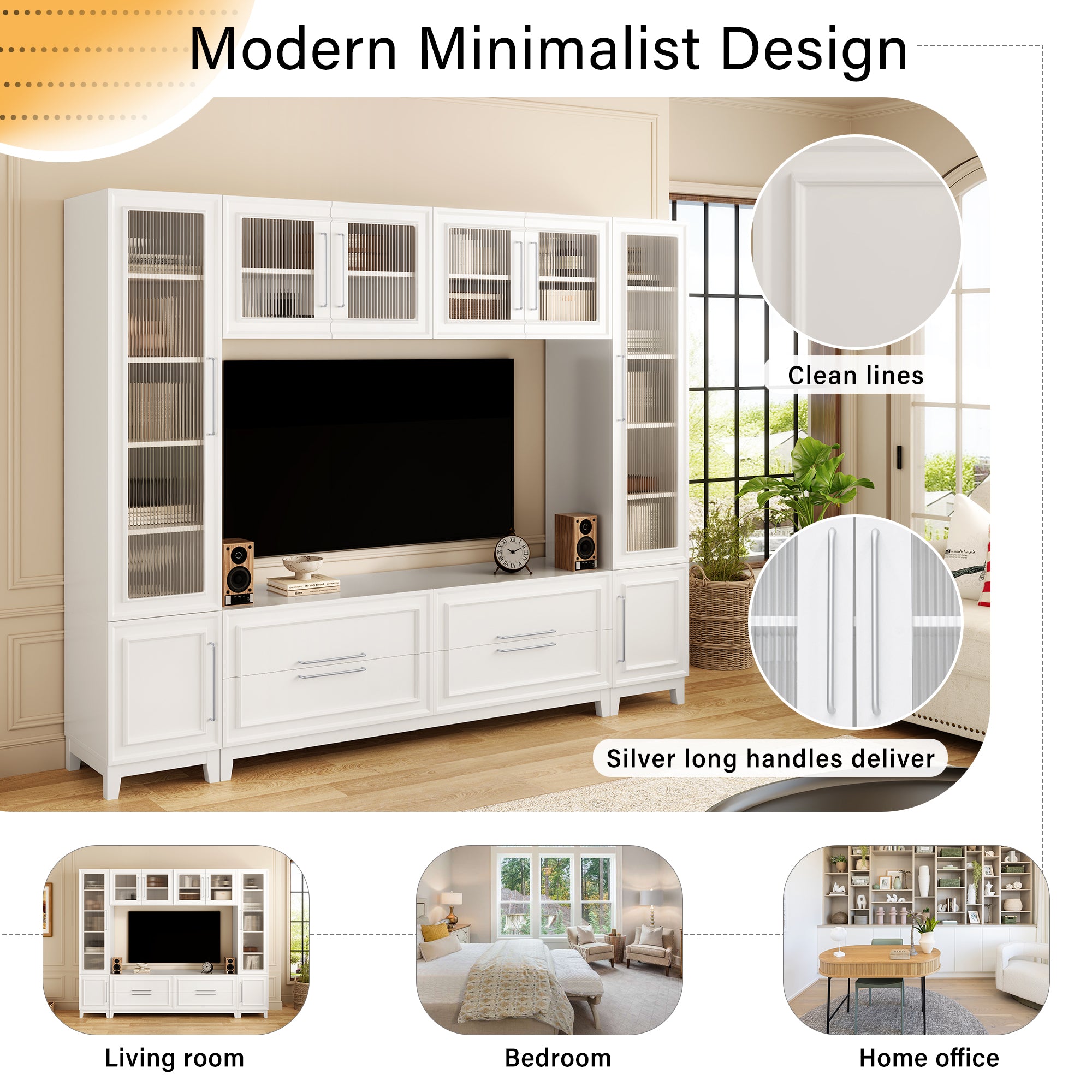 VIBE HAUS 102 W Wall Unit Modern Entertainment Center With Glass Doors For TVs Up To 75, Large Minimalist TV Stand Media Console With Drawers For Living Room