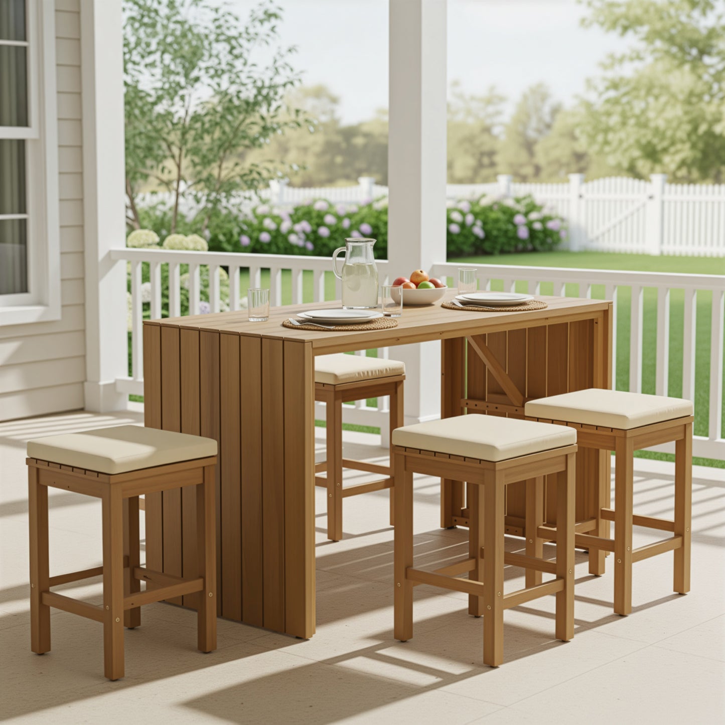 5 Piece Outdoor Bar Set, Patio Acacia Wood Bar Height Table & Four Stools With Cushions, Wood Dining Bar Set For Backyard, Poolside, Balcony, Beige