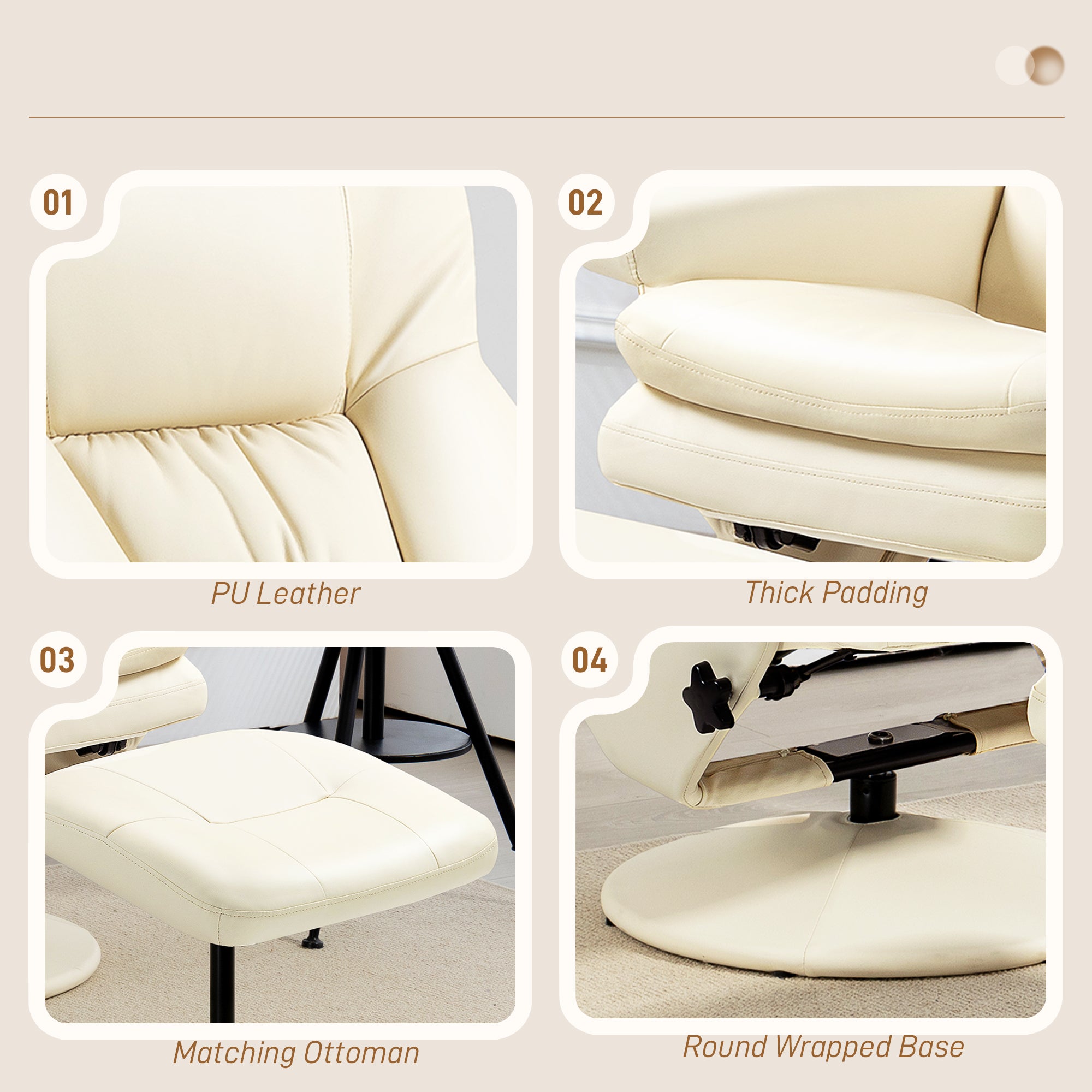 PU Leather Recliner Chair with Ottoman, Swivel Recliner and Ottoman with Round Wrapped Base for Living Room, Cream White