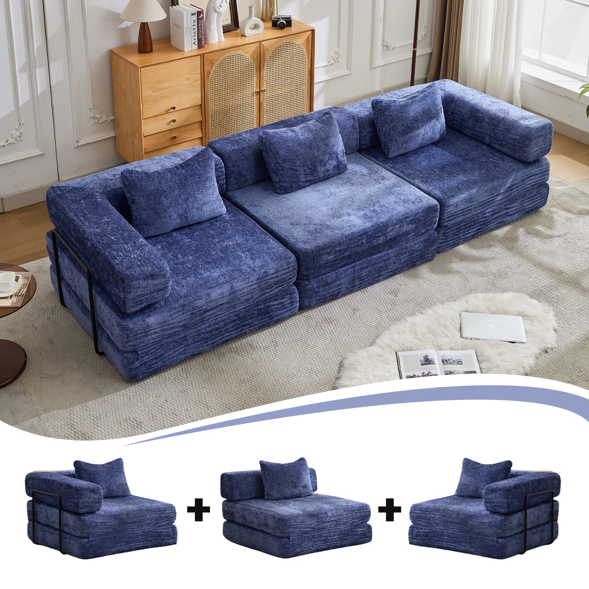 Compression Sofa,Convertible Floor Sofa Bed With Fixed-Shape Frame, Boneless Modular Sectional Sofa,No Assembly Required,Chenille Fabric,for Living Room Bedroom,Dark Blue