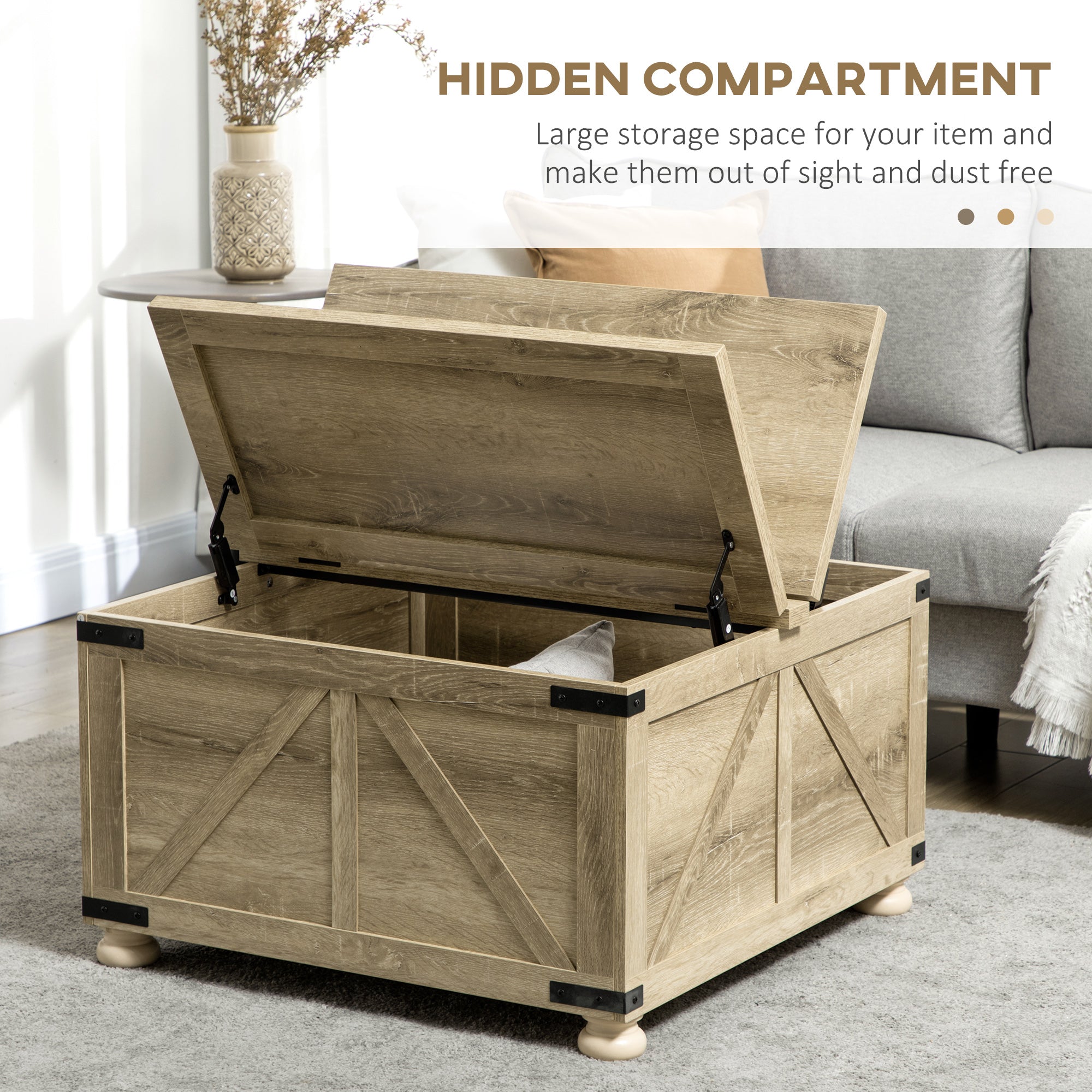 Farmhouse Coffee Table with Storage, Large Square Coffee Table for Living Room Furniture, Wooden Center Table