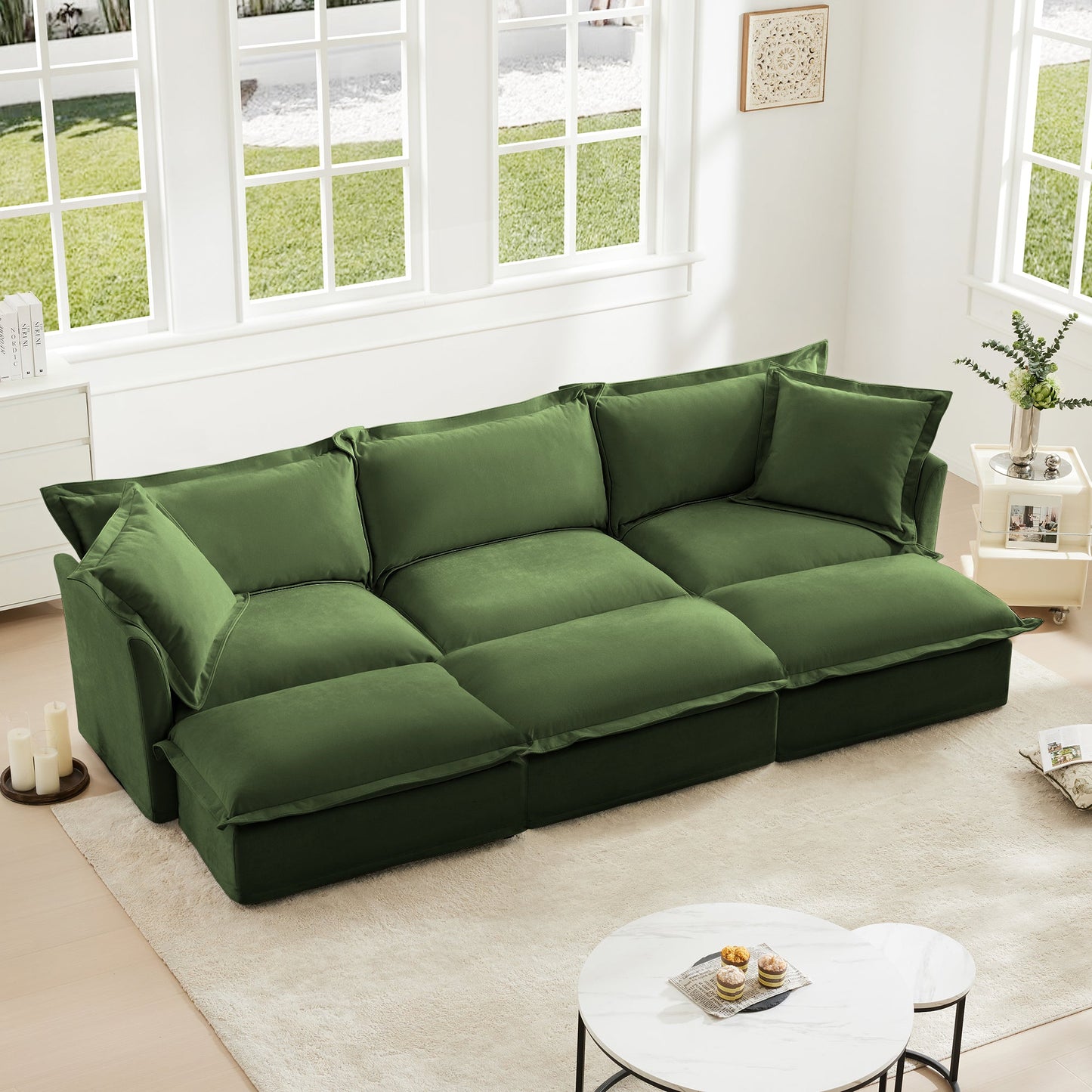 Chenille 3-Seater Slipcovered Sofa with 3 Ottomans