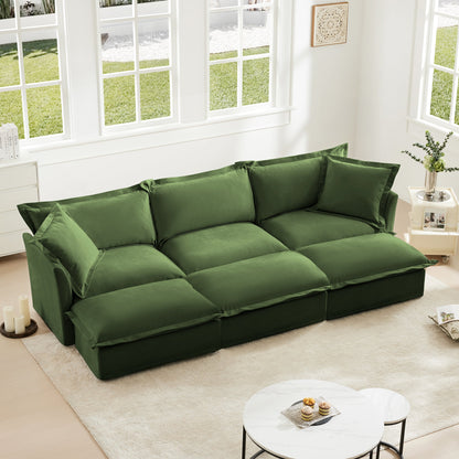 Chenille 3-Seater Slipcovered Sofa with 3 Ottomans