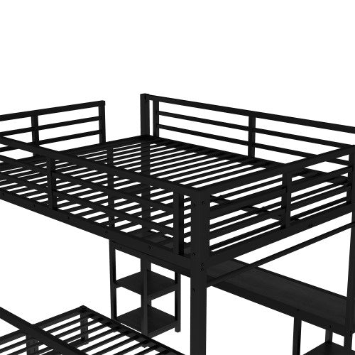 Queen Over Twin XL Metal Bunk Bed Loft Bed With Desk And Shelves, Multiple Uses Folds Into Sofa With LED And USB, Black
