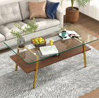 Rectangle Coffee Table, Tempered Glass Tabletop With Gold Metal Legs, Modern Table For Living Room ,