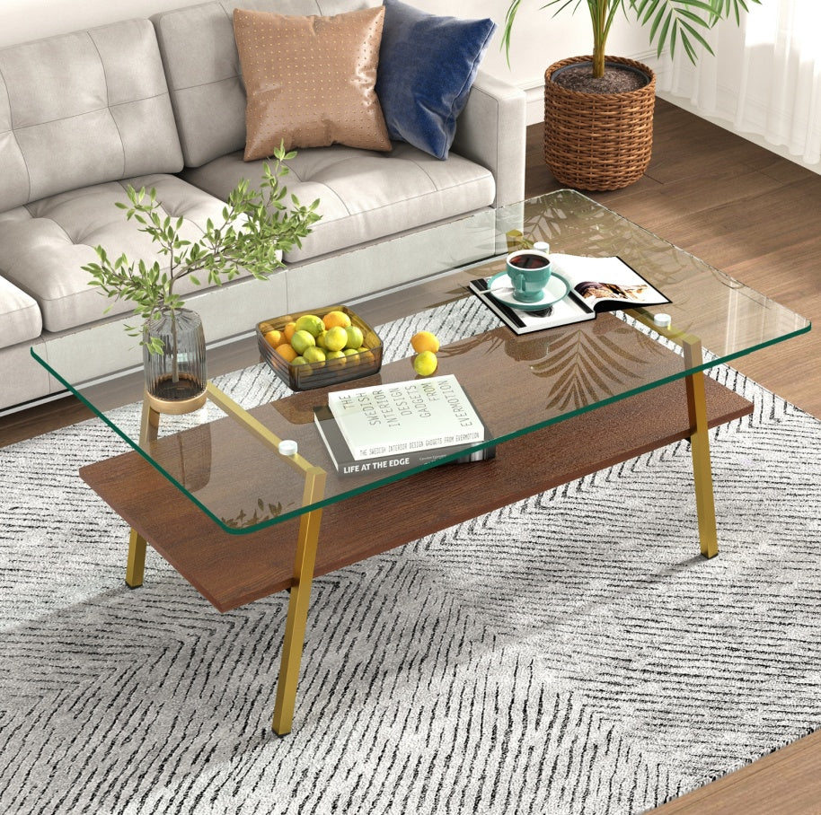 Rectangle Coffee Table, Tempered Glass Tabletop With Gold Metal Legs, Modern Table For Living Room ,