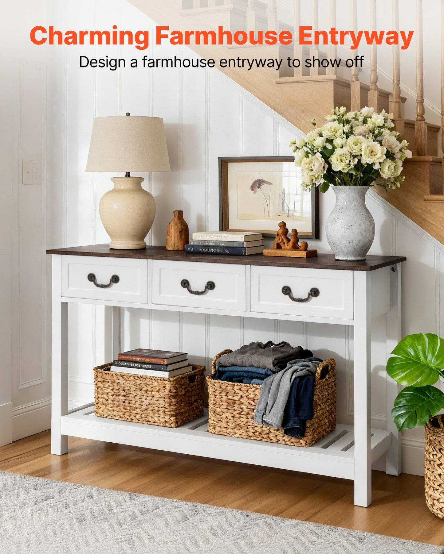 47 In Console Table, Farmhouse Desk Behind The Couch With Drawers And Bottom Storage Shelf, Wooden Rectangle Entrance Narrow Sofa Table For Hallway, Bedroom, Living Room, Foyer, Brown + White