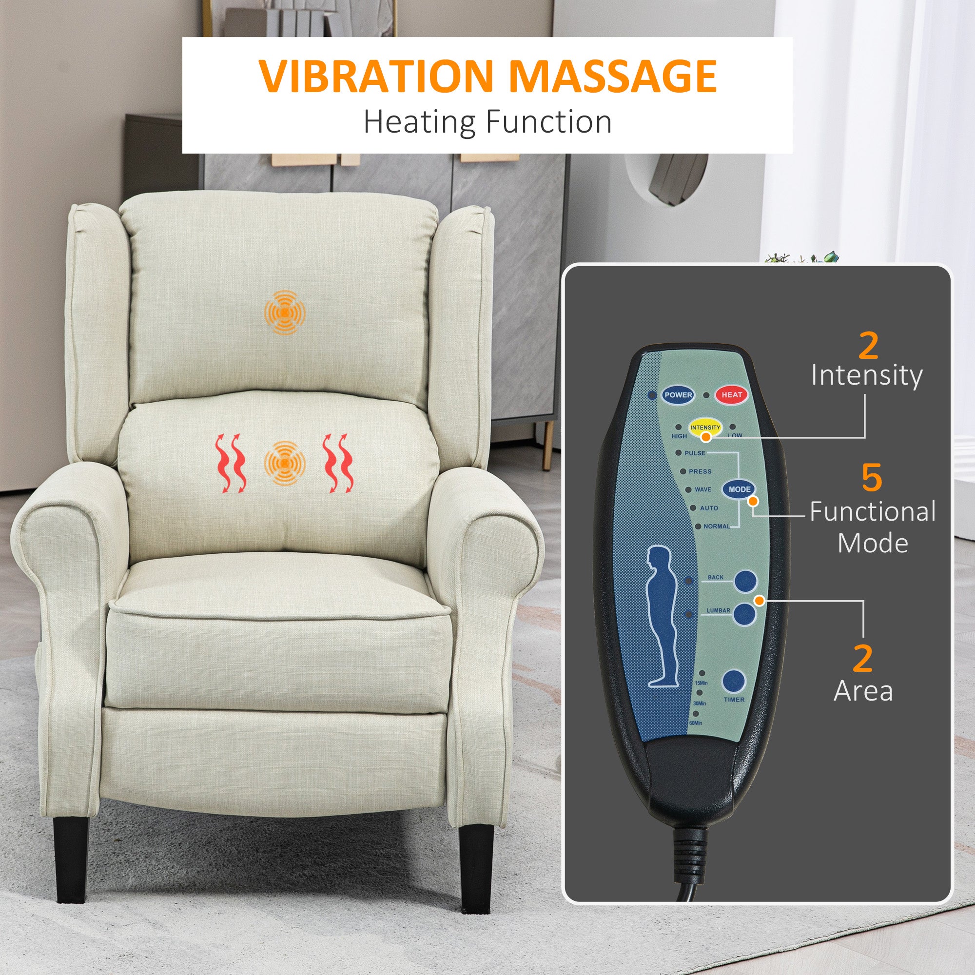 Vibrating Massage Recliner Chair with Heat, Wingback Push Back Reclining Chair for Living Room, Beige