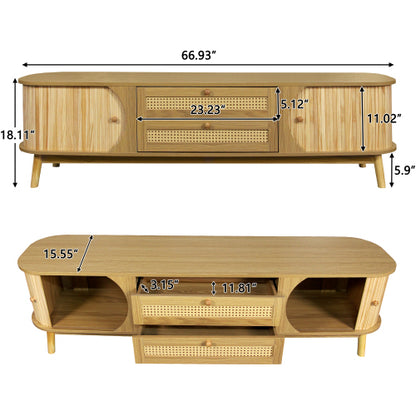 Rattan TV Stand For TVs Up To 75'', Modern Farmhouse Media Console, Entertainment Center With Solid Wood Legs, TV Cabinet For Living Room,Home Theatre