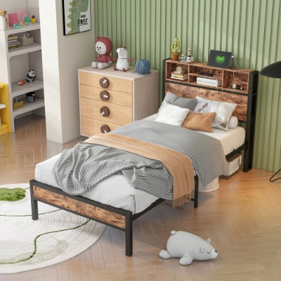 Twin Size Bed Frame With Storage Headboard, Metal Platform Bed With Charging Station, Bookcase Storage, No Box Spring Needed, Easy Assembly