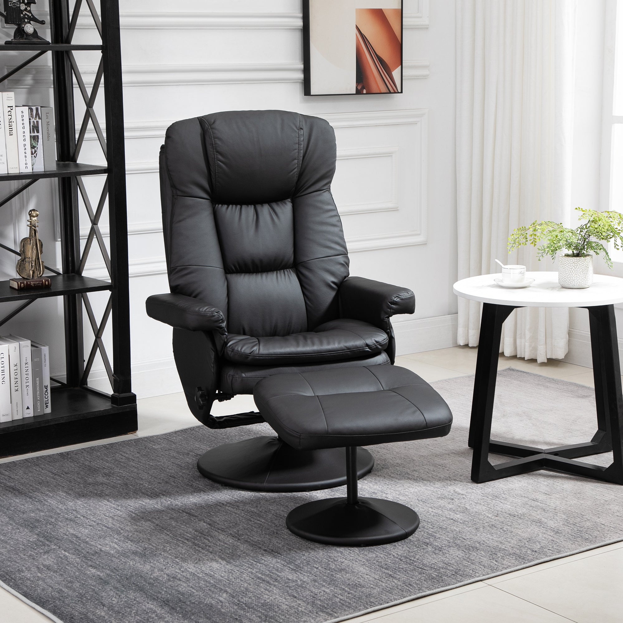 PU Leather Recliner Chair with Ottoman, Swivel Recliner and Ottoman with Round Wrapped Base for Living Room, Black