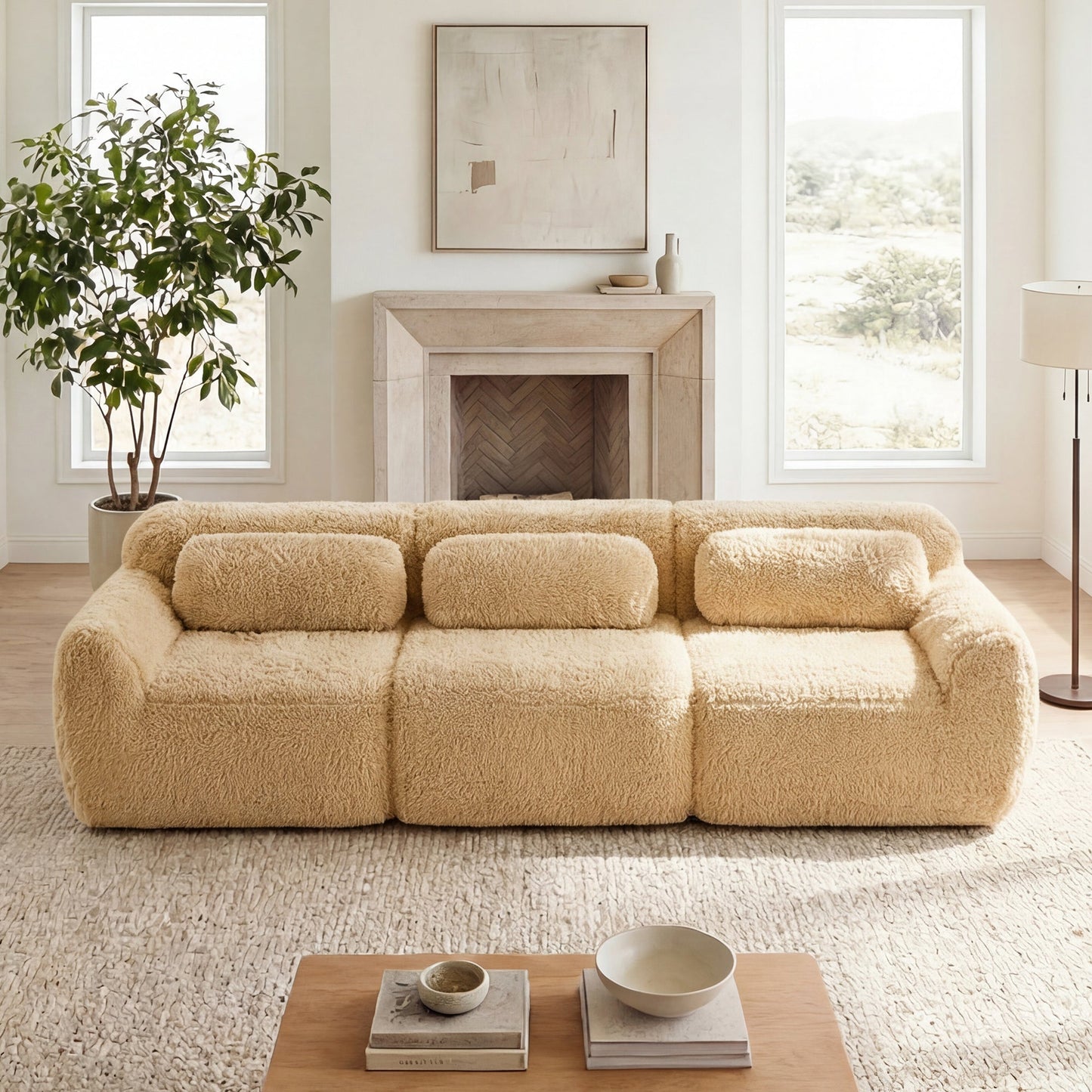 114" Soft And Fluffy Plush Fabric Modular Sectional Sofa