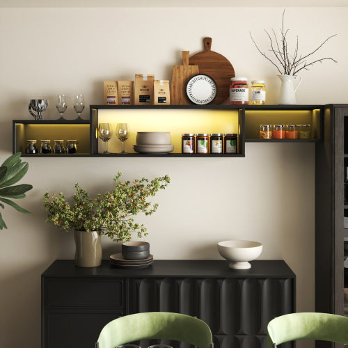 65.35in Wall Mounted Floating TV Stand With 20 Color LEDs And Charging Station