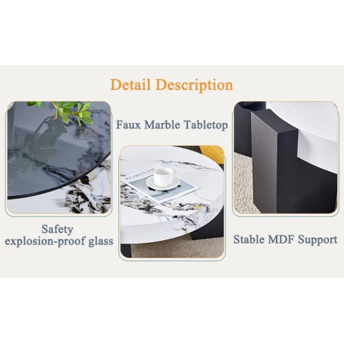 Modern Simple Double-Layer Round Coffee Table - Transparent Gray Glass Top With Black MDF L-Shaped Legs.The Detachable Design Can Make The Use Of Space More Flexible