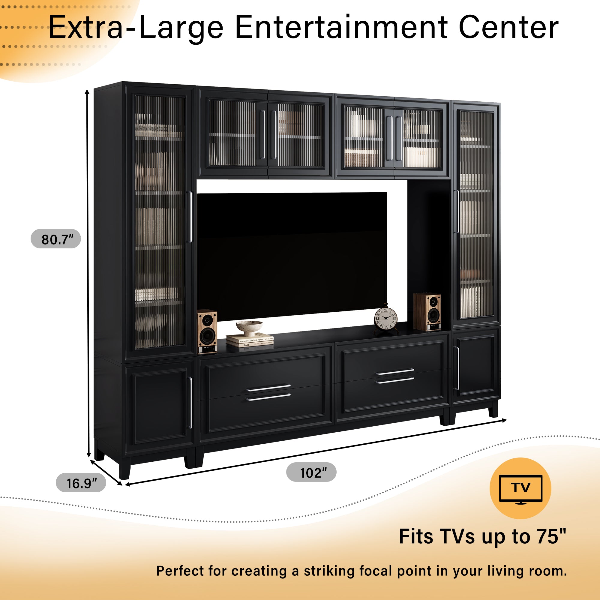 VIBE HAUS 102 W Wall Unit Modern Entertainment Center With Glass Doors For TVs Up To 75, Large Minimalist TV Stand Media Console With Drawers For Living Room