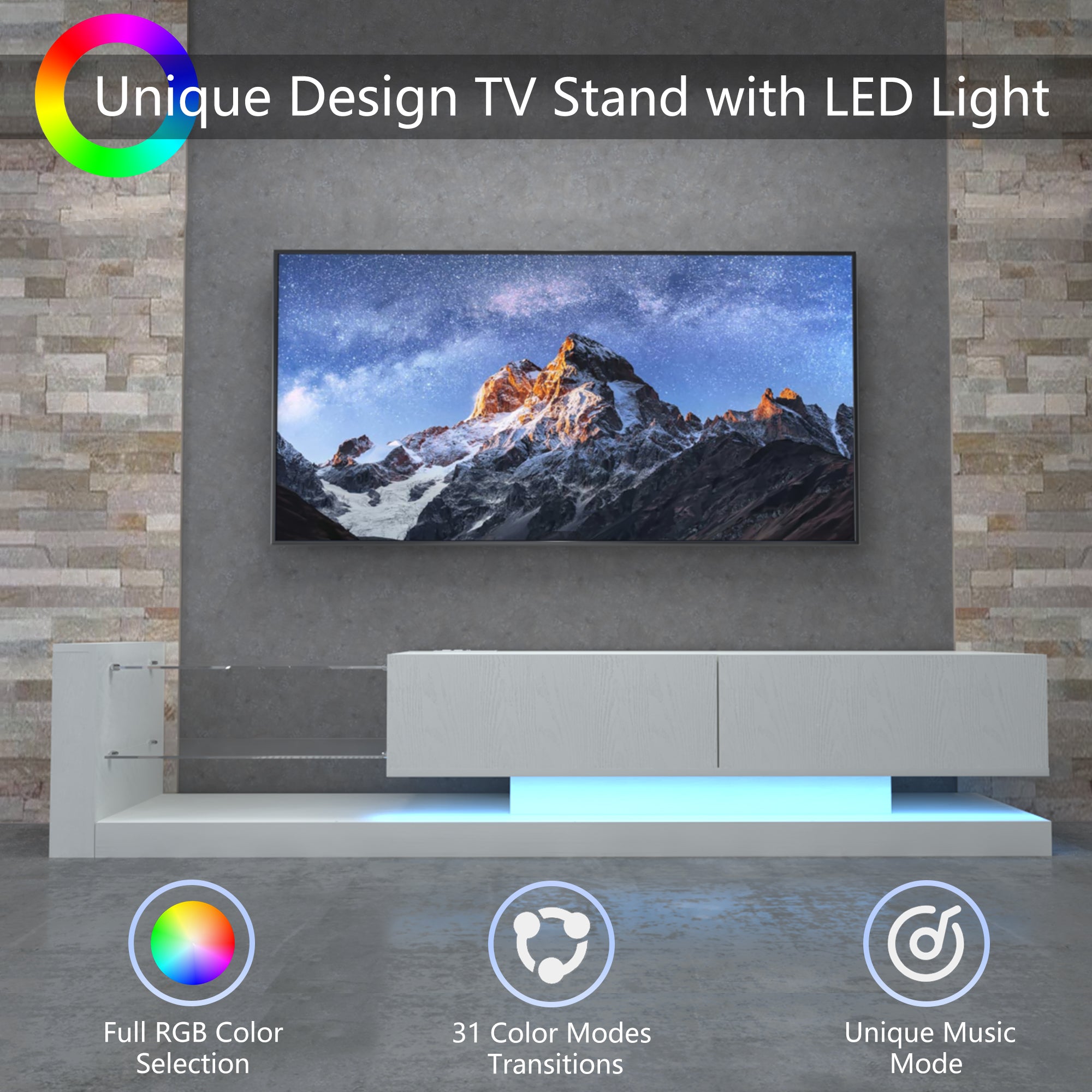 TV Console With Storage Cabinets, Full RGB Color 31 Modes Changing Lights Remote RGB LED TV Stand, Modern Entertainment Center White For 75 Inches TV