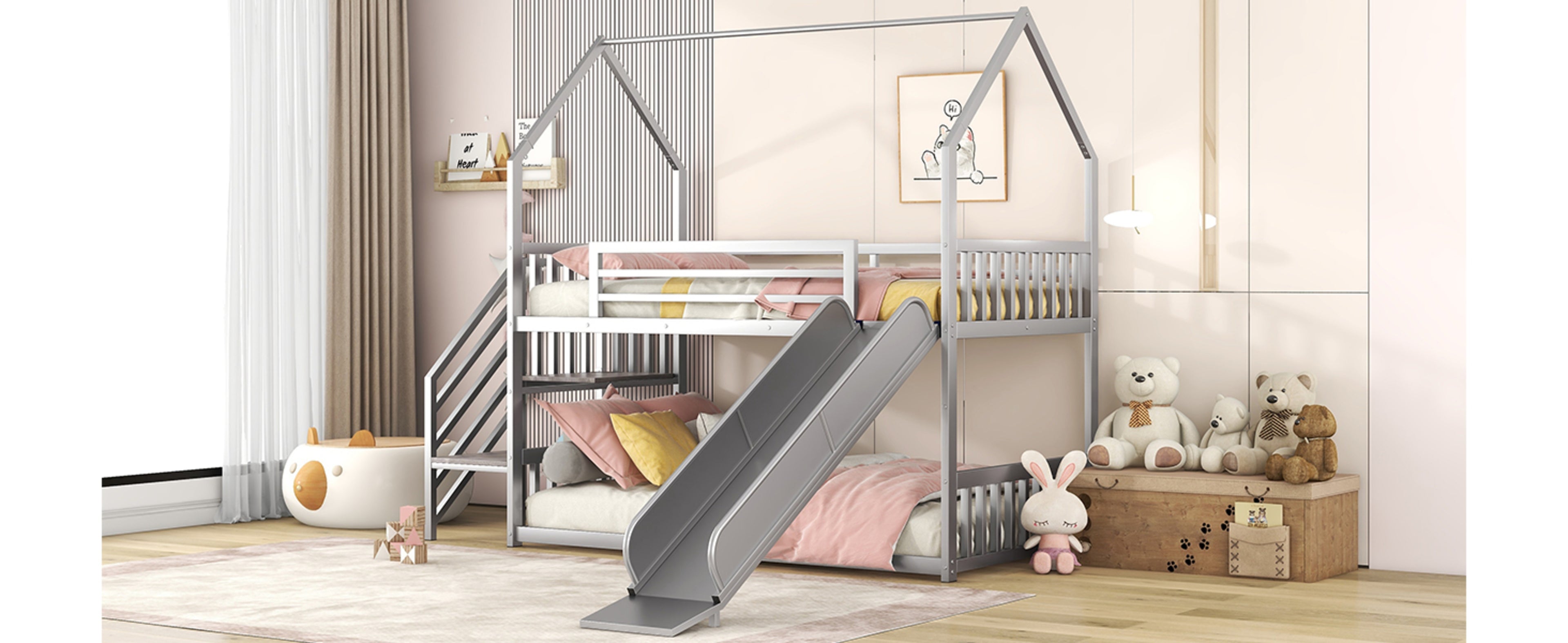Twin Over Twin Metal Bunk Bed House Bed With Slide And Staircase, Silver